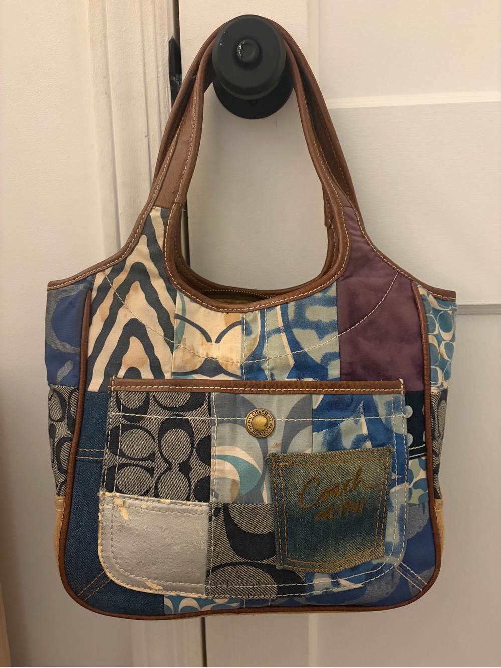 Coach Patchwork Multicolor Shoulder Bag in Blue, Brown & Cream